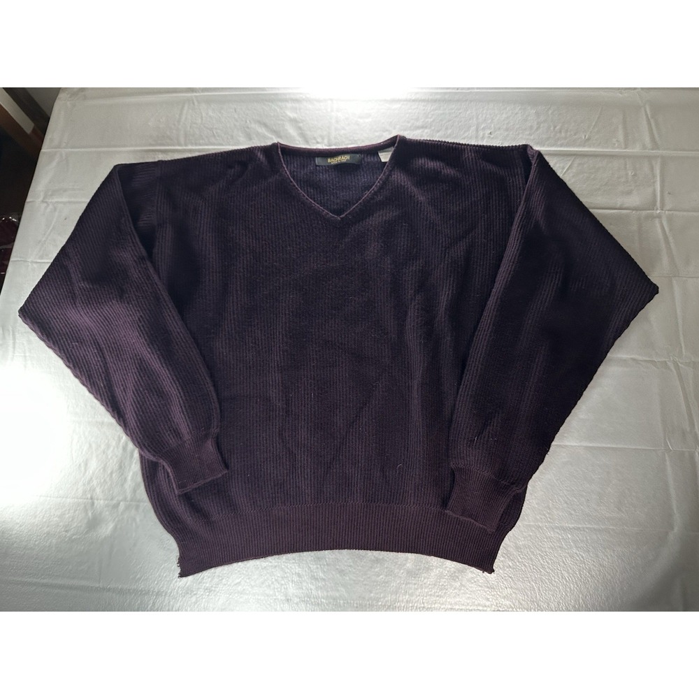 Bachrach Sweater Mens Large Burgundy V Neck‎ Ribbed Knit Vintage Classic Wool